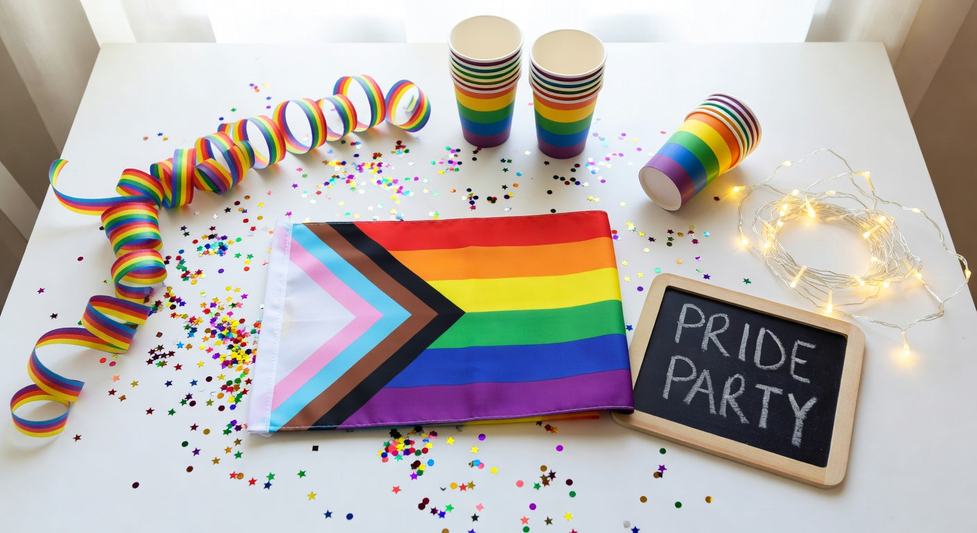 Flat lay of pride party planning supplies with rainbow confetti and progress pride flag