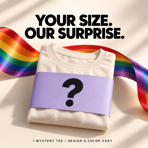 Pride Belongs mystery tee — one shirt supplied; design and color vary. Illustrative product image.