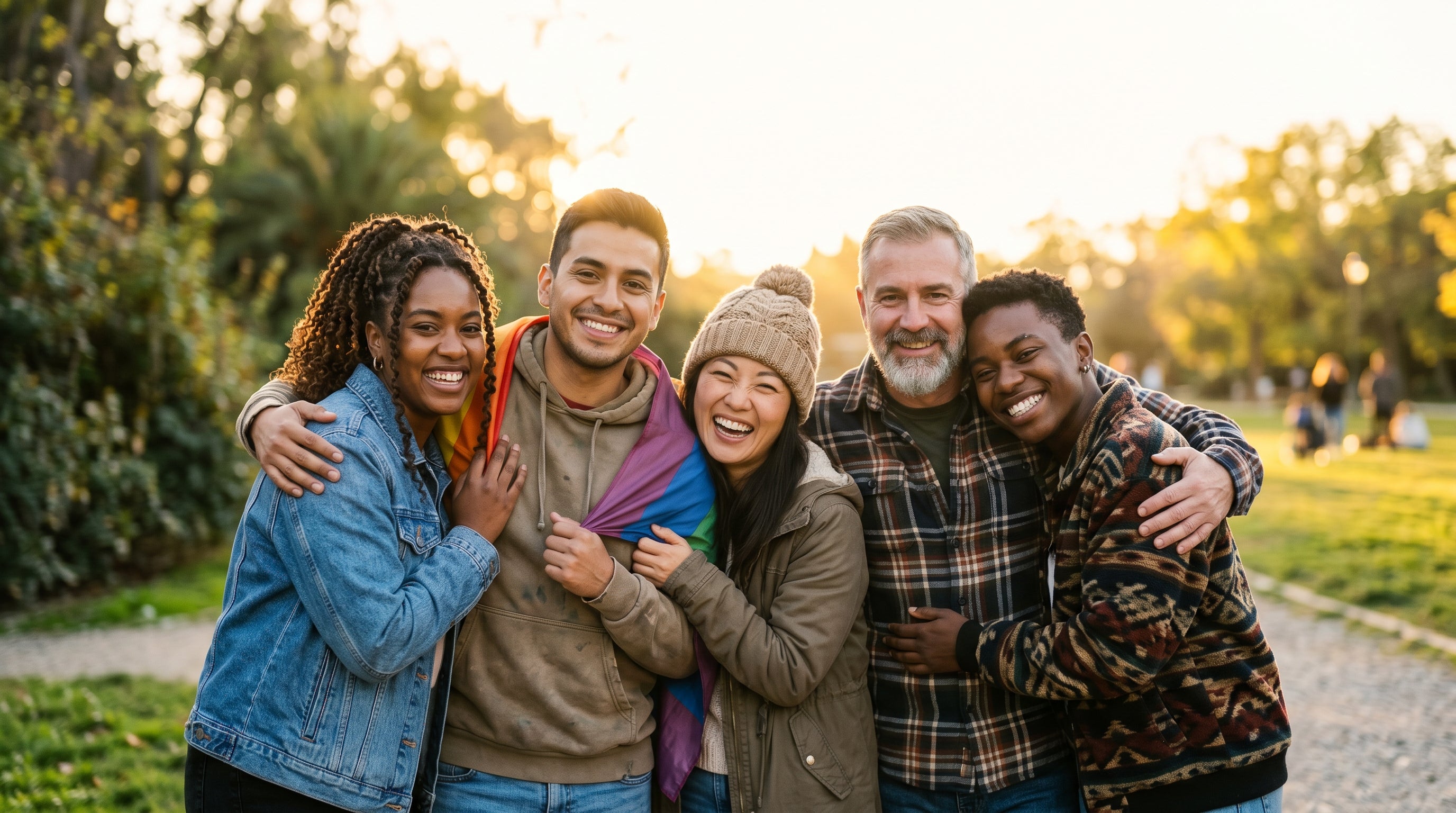 Diverse group of LGBTQ+ friends embracing at golden hour