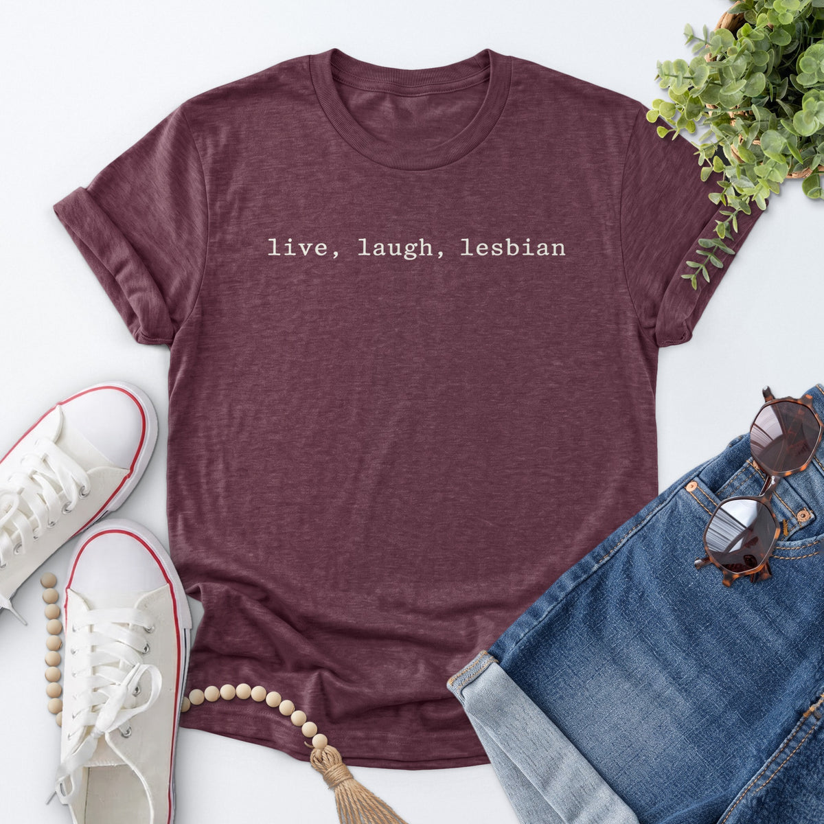 Live Laugh Lesbian Tee — Heather Maroon