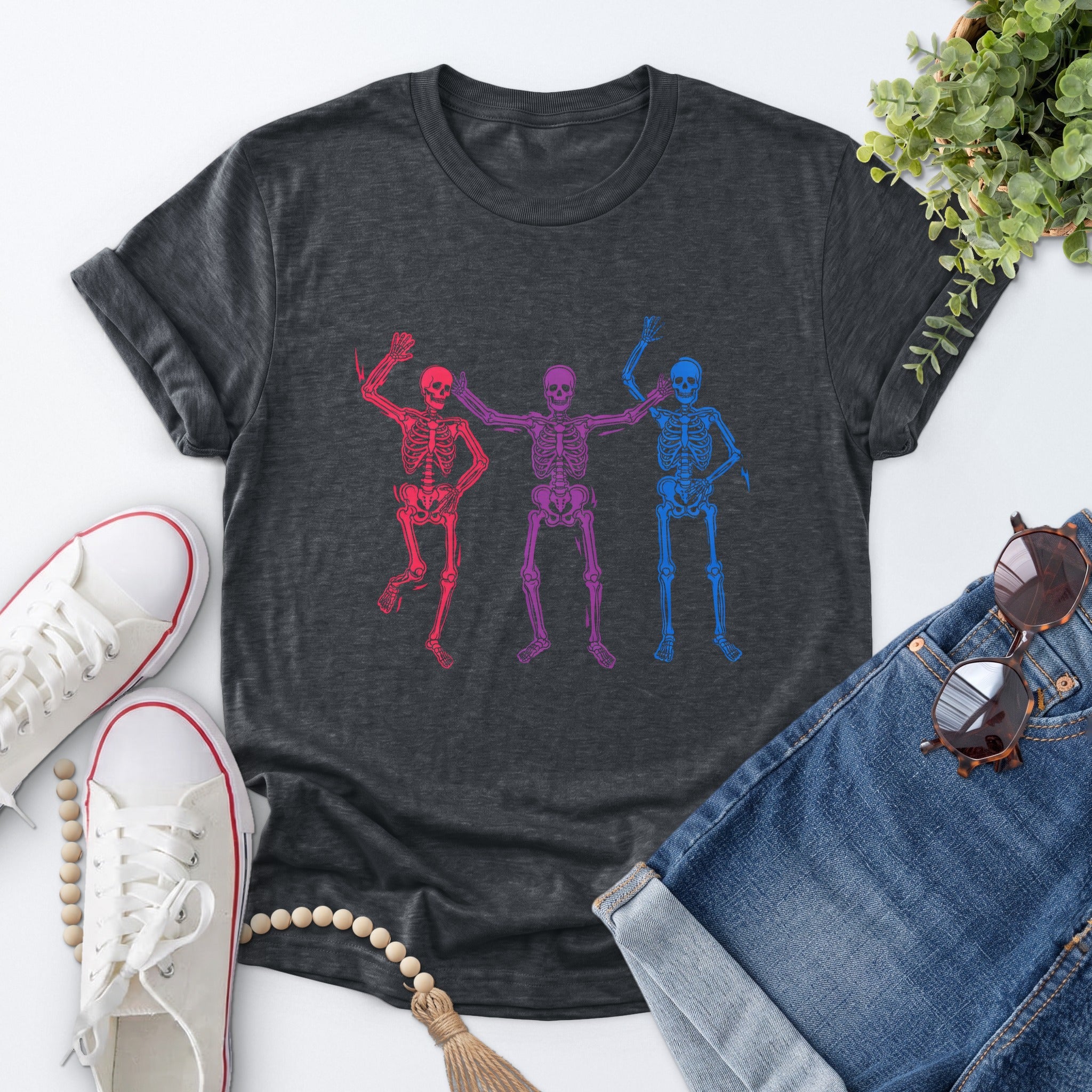 Dancing Skeleton Pride Tee — Dark Heather