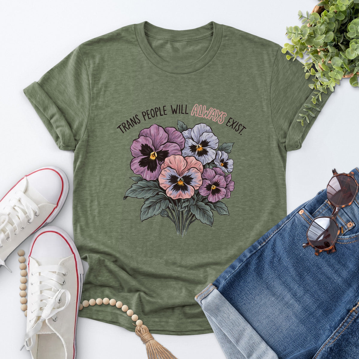 Trans Pride Pansy Bouquet Tee — Heather Military Green