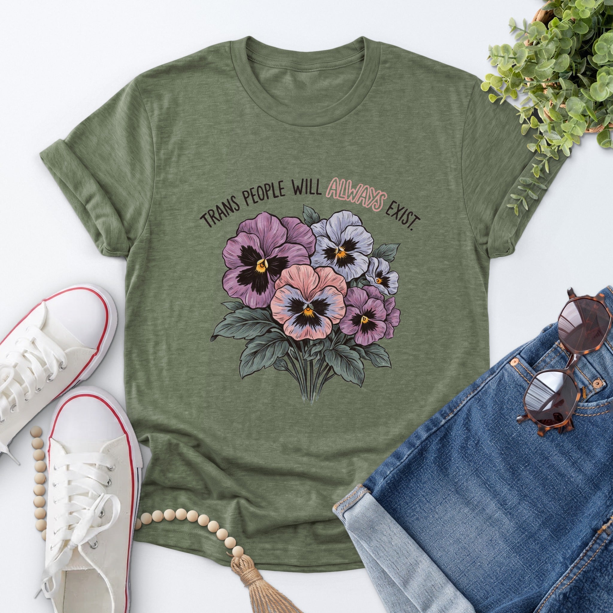 Trans Pride Pansy Bouquet Tee — Heather Military Green