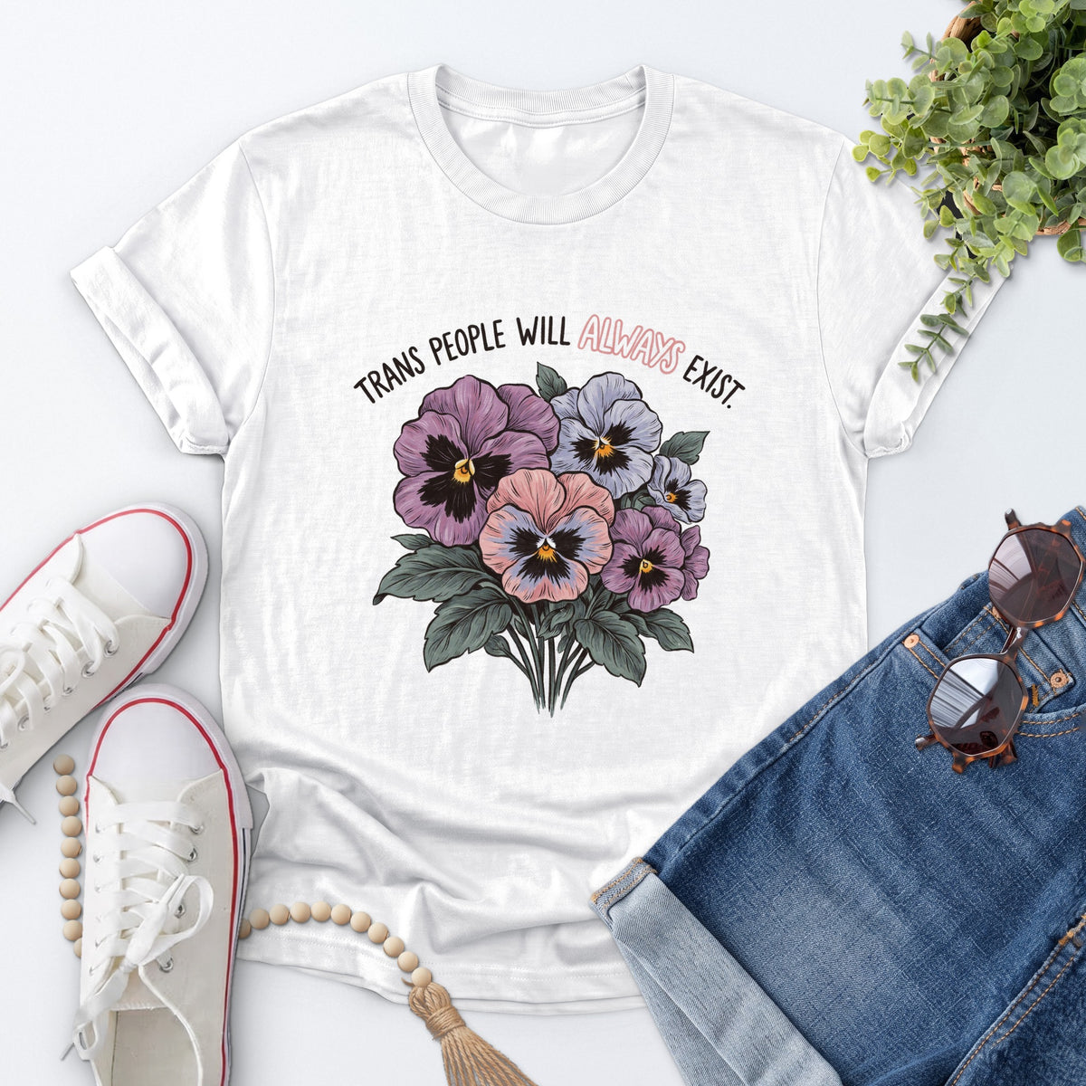 Trans Pride Pansy Bouquet Tee — White