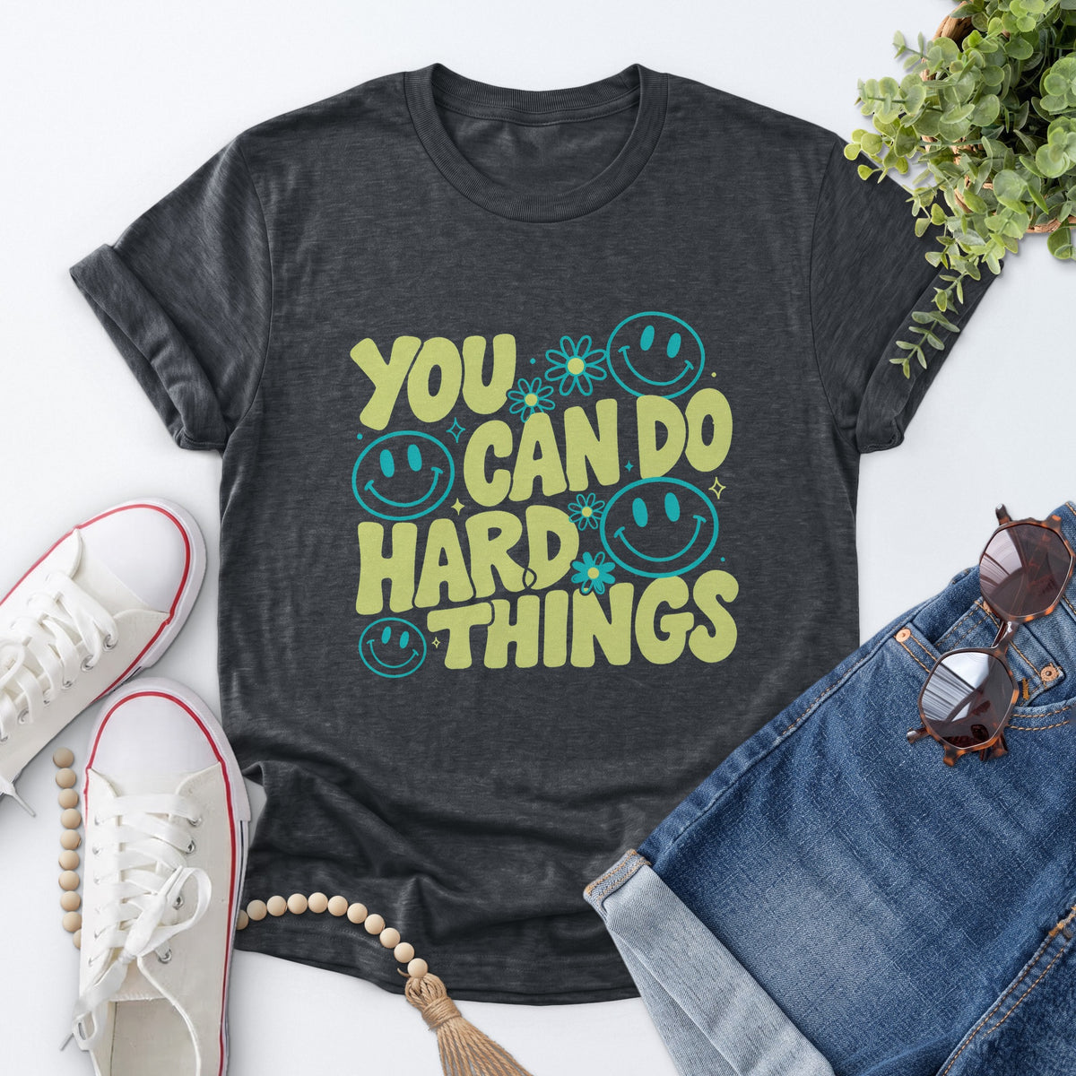 Hard Things Smiley Tee — Dark Heather