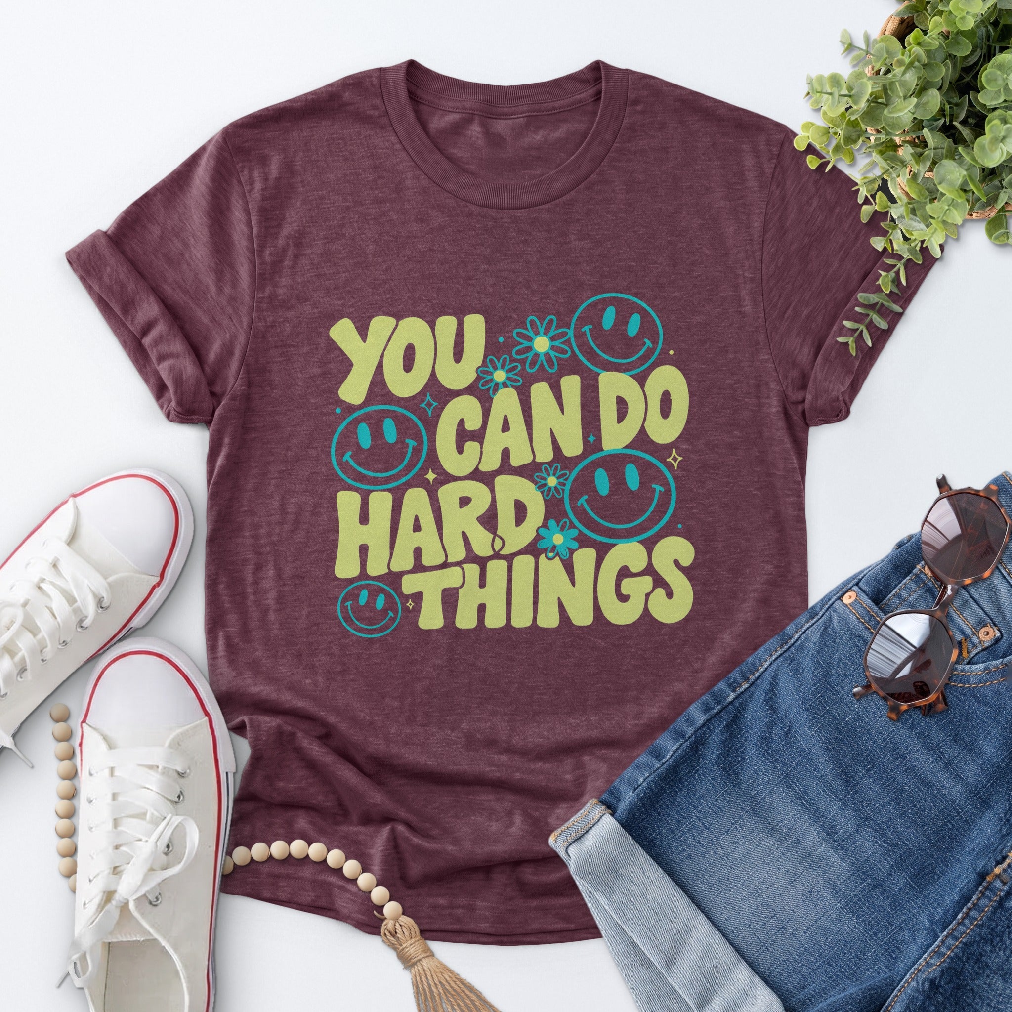 Hard Things Smiley Tee — Heather Maroon