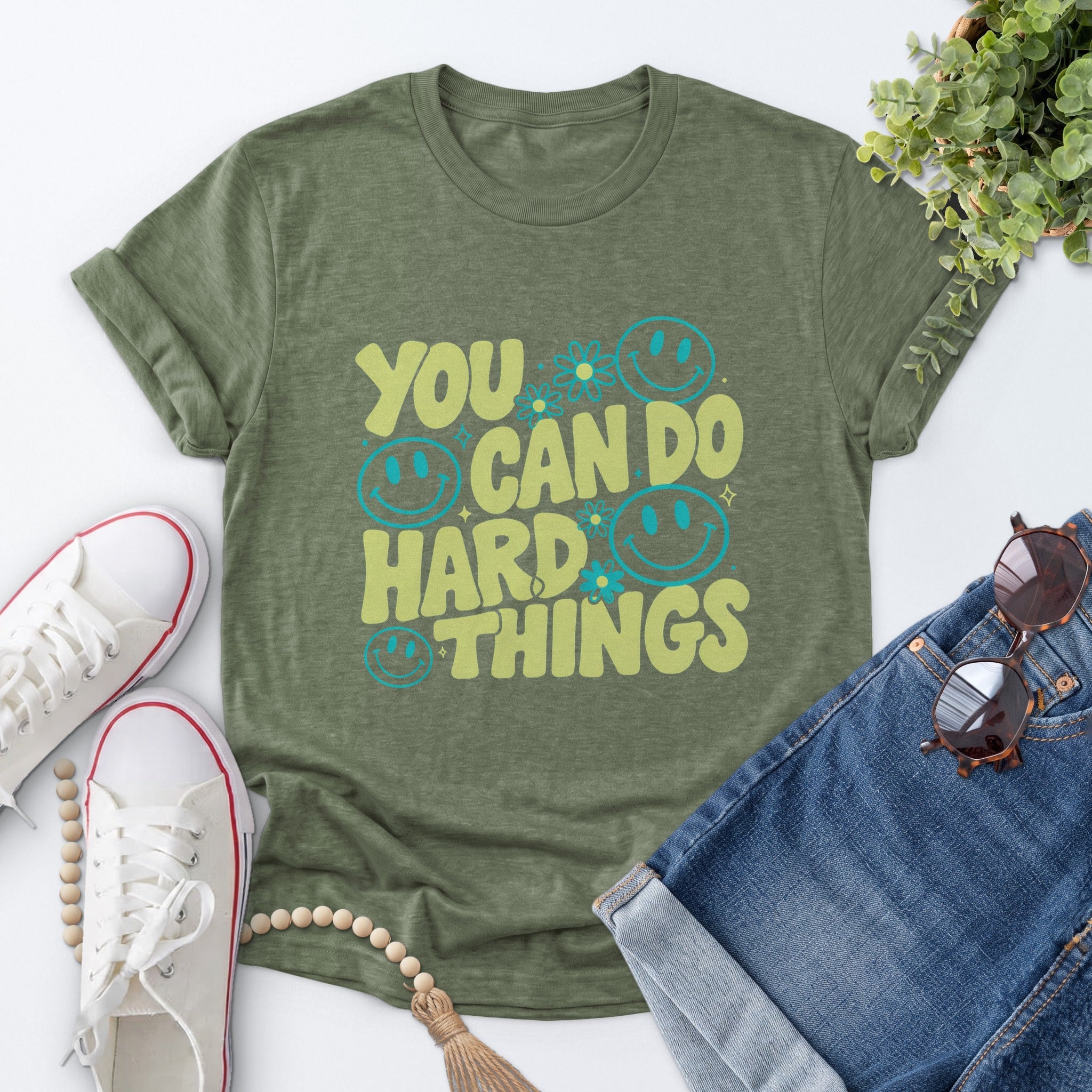 Hard Things Smiley Tee — Heather Military Green