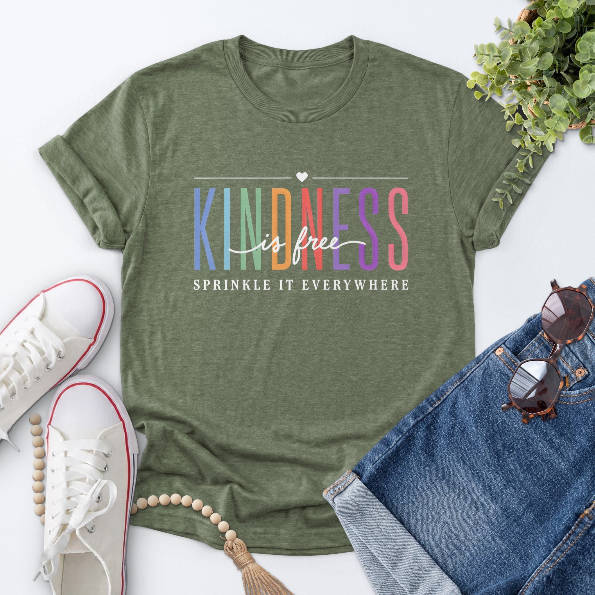 Kindness Is Free Tee — Heather Military Green
