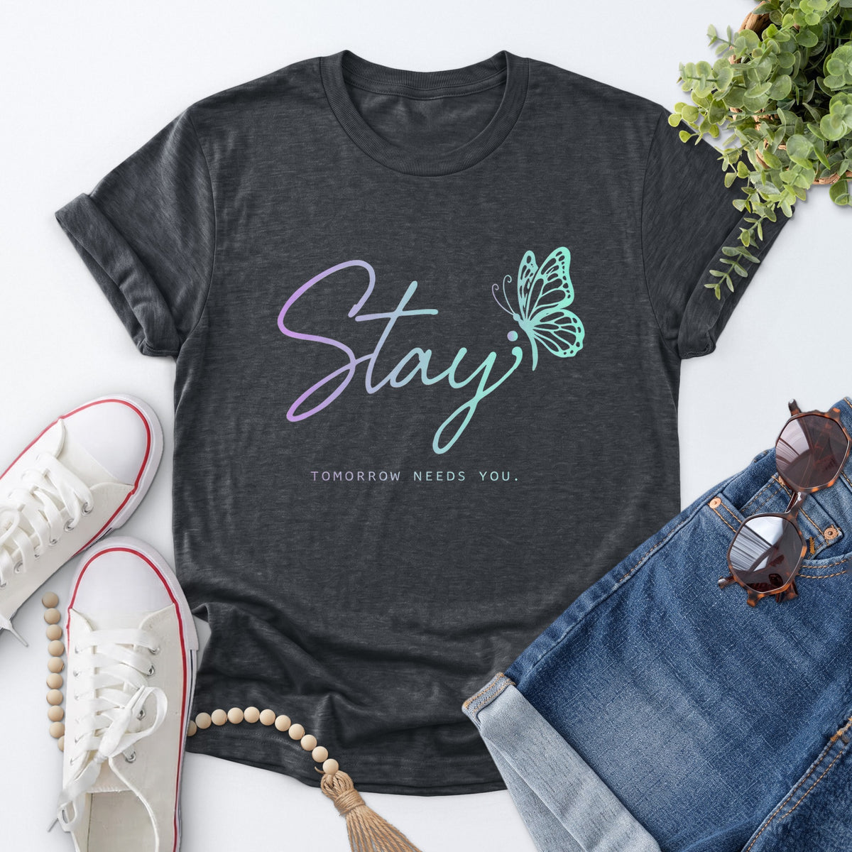 Stay Butterfly Tee — Dark Heather