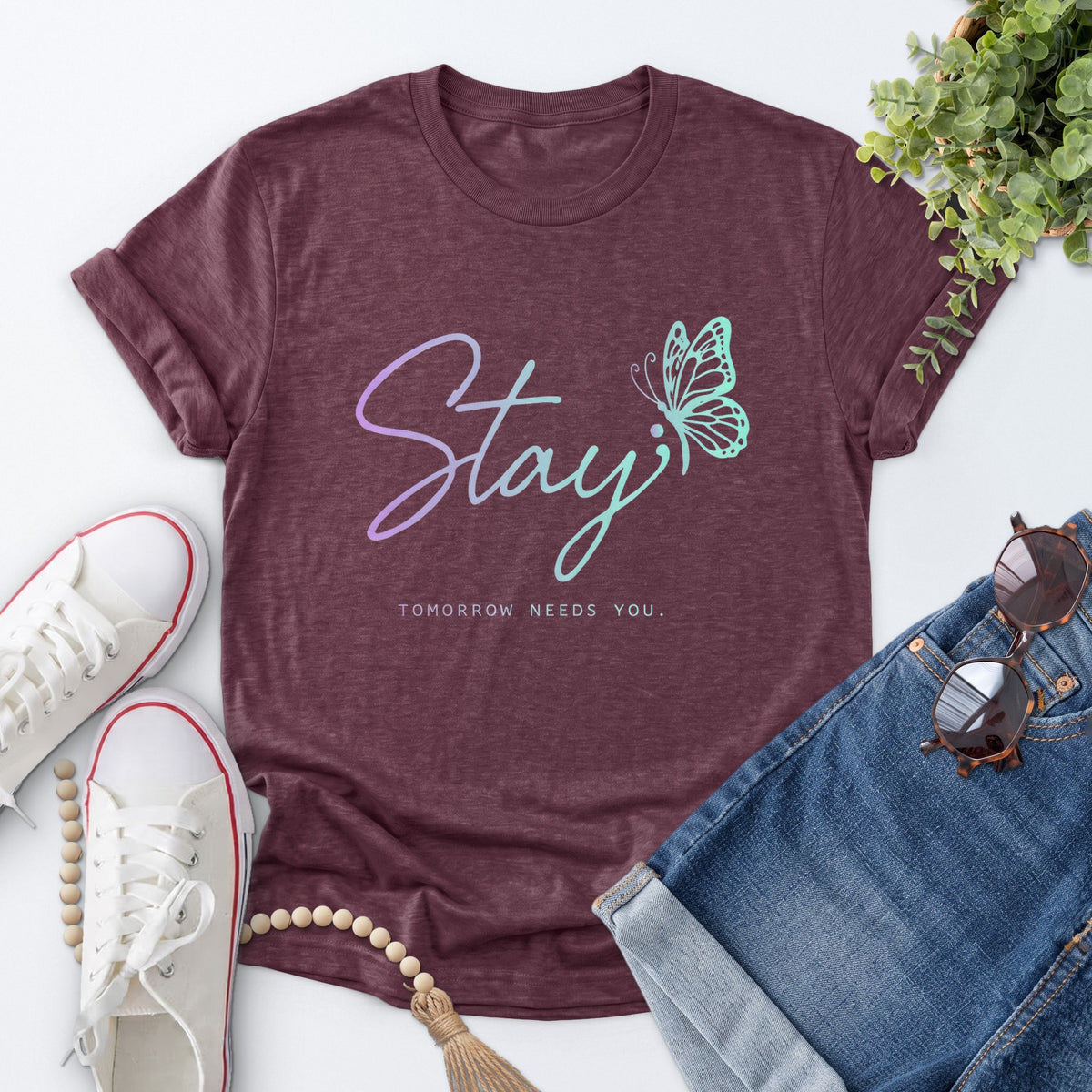 Stay Butterfly Tee — Heather Maroon