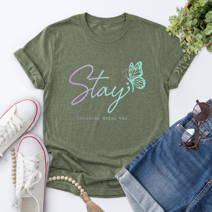 Stay Butterfly Tee — Heather Military Green