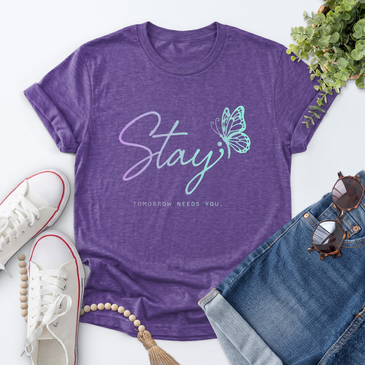 Stay Butterfly Tee — Heather Purple