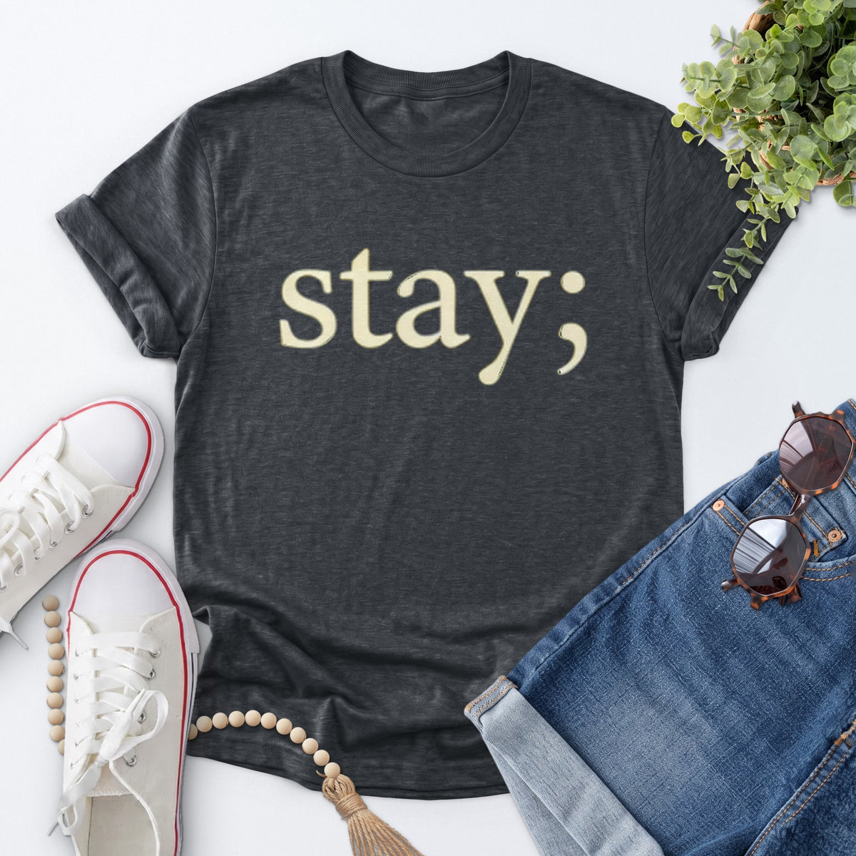 Stay Semicolon Tee — Dark Heather