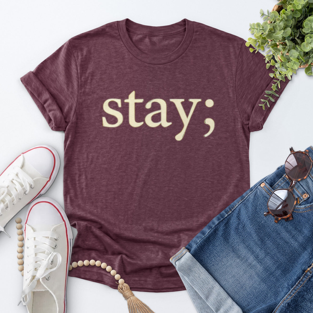 Stay Semicolon Tee — Heather Maroon