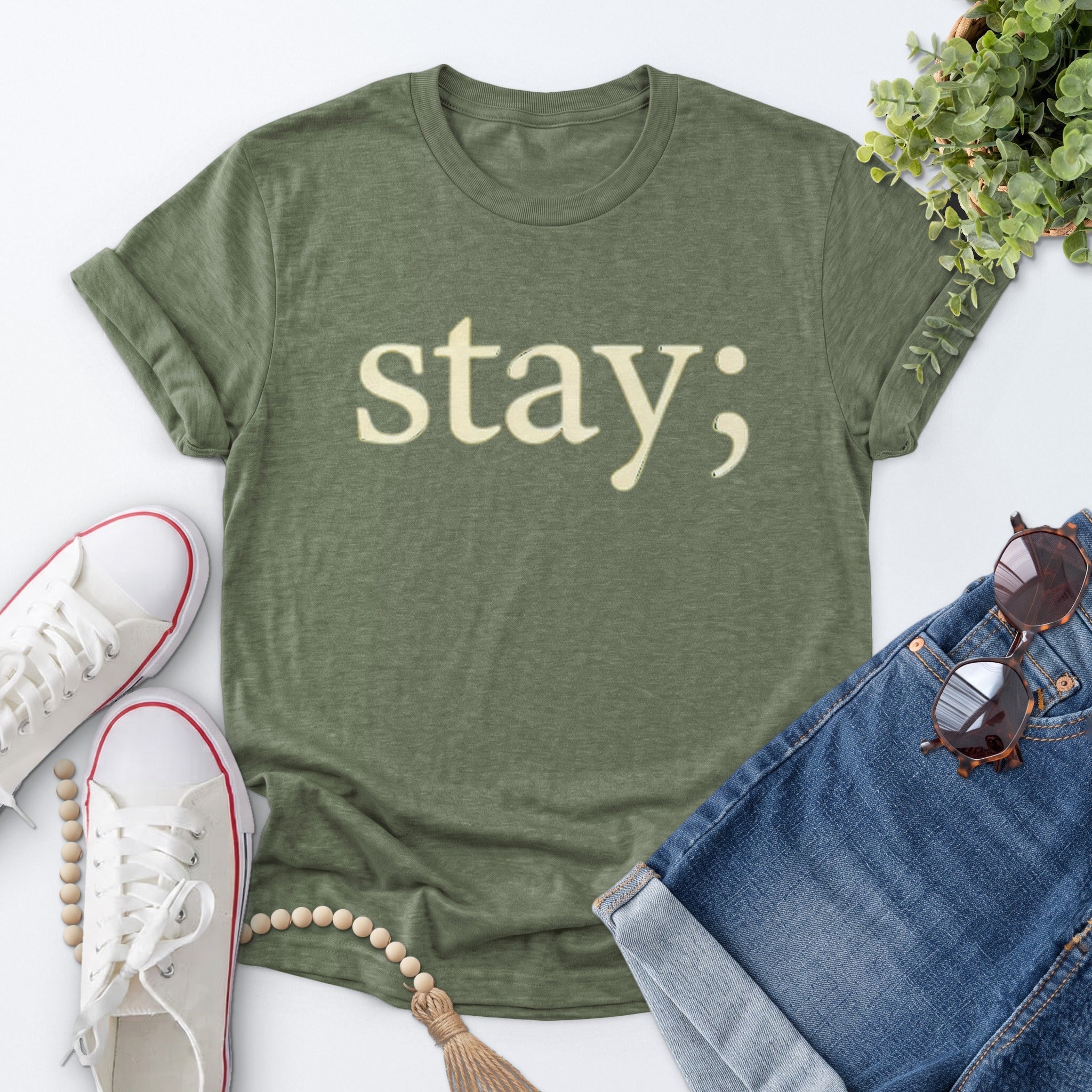 Stay Semicolon Tee — Heather Military Green