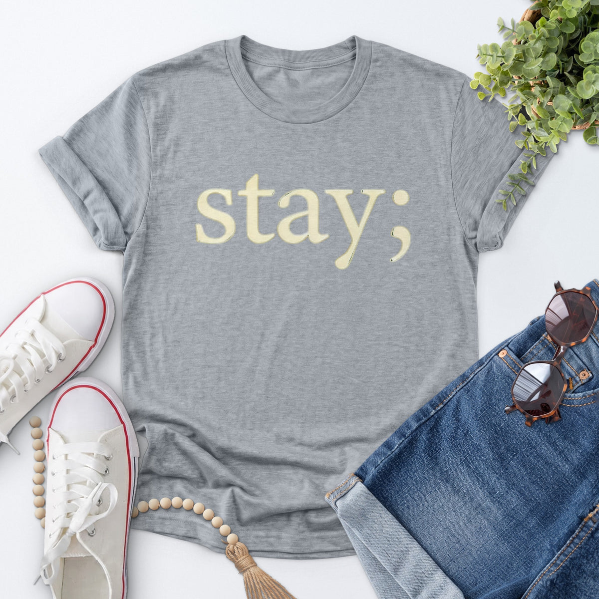 Stay Semicolon Tee — Sports Gray
