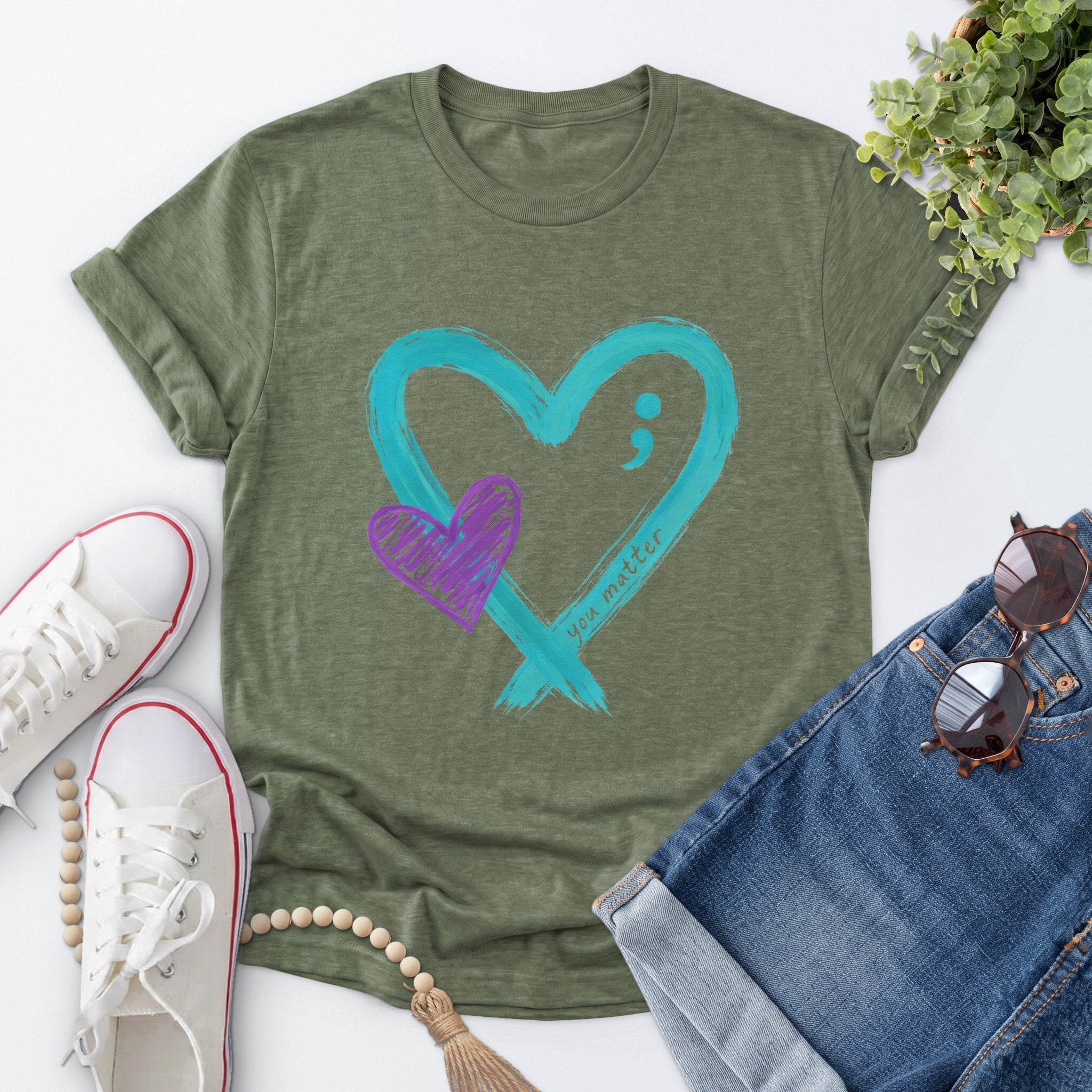You Matter Heart Tee — Heather Military Green