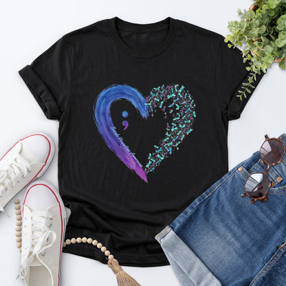 Semicolon Floral Heart Tee — Black