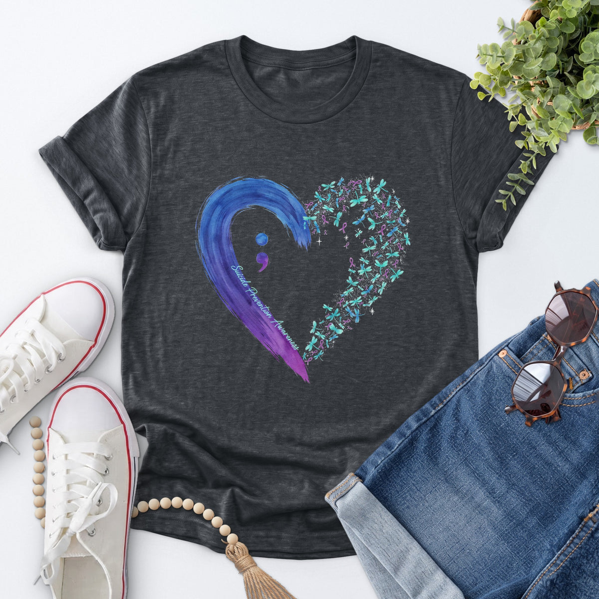 Semicolon Floral Heart Tee — Dark Heather