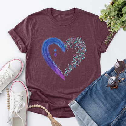 Semicolon Floral Heart Tee — Heather Maroon