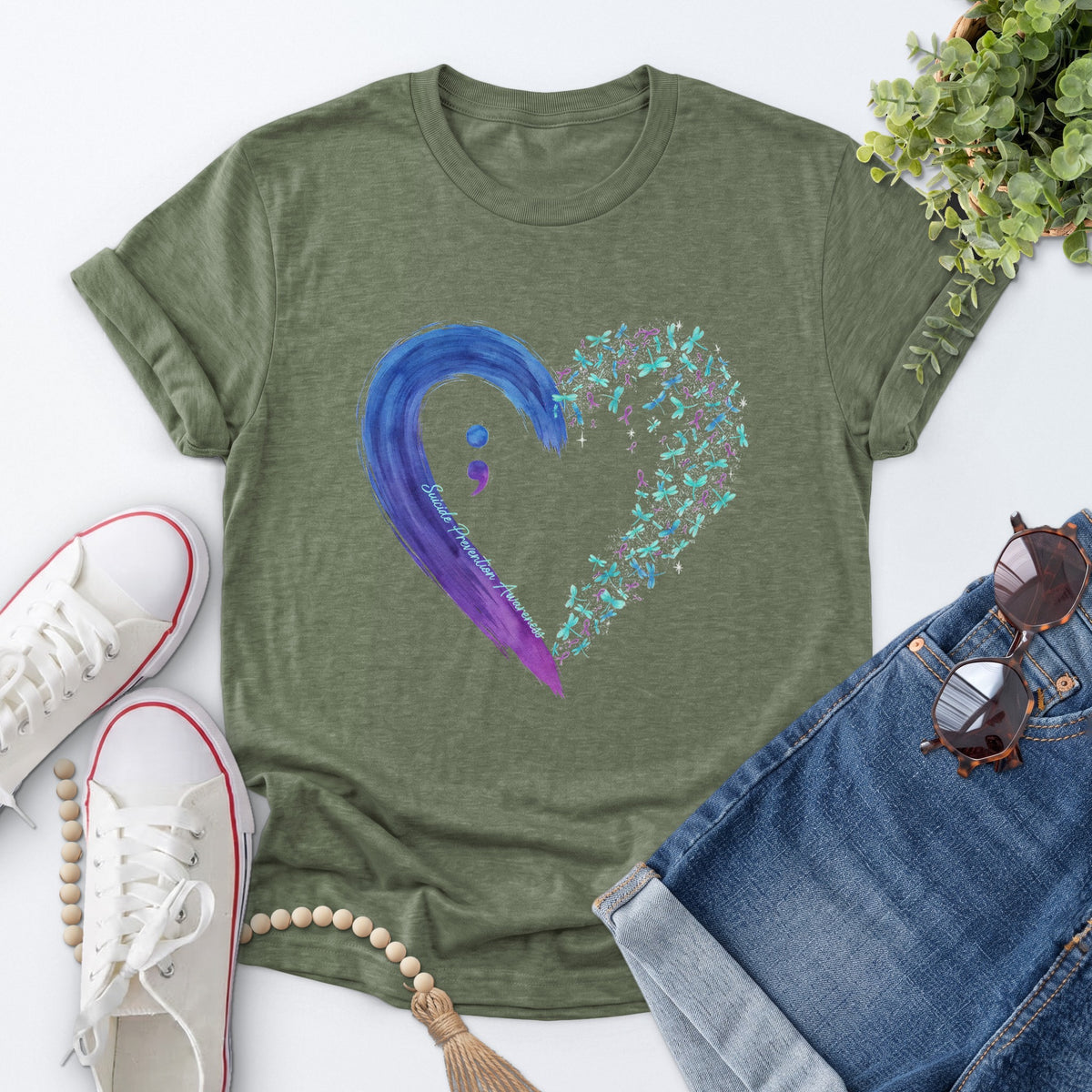 Semicolon Floral Heart Tee — Heather Military Green