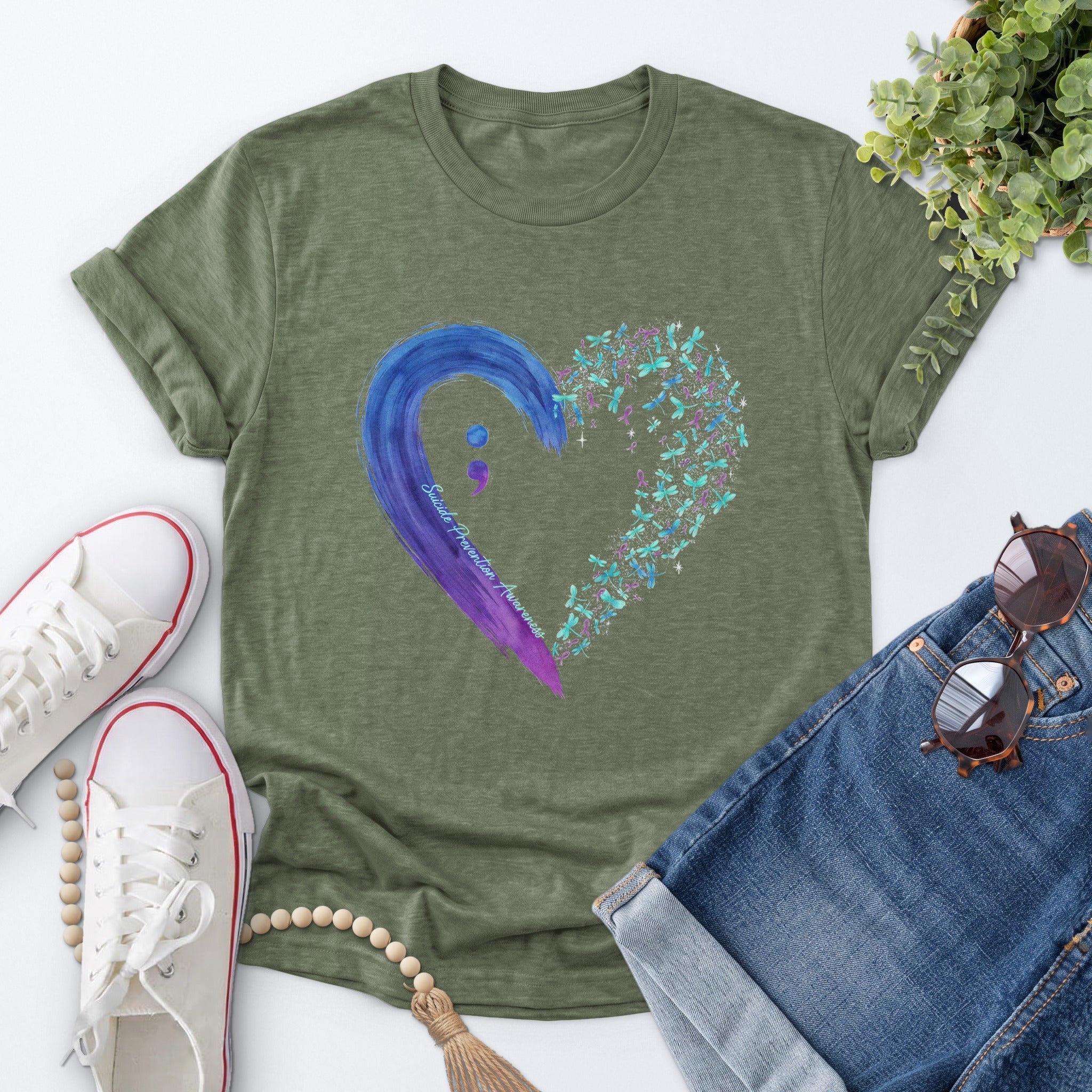 Semicolon Floral Heart Tee — Heather Military Green