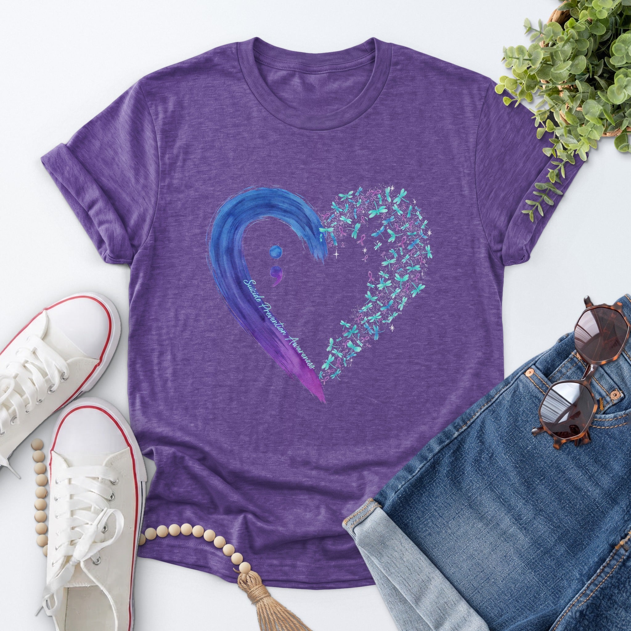 Semicolon Floral Heart Tee — Heather Purple