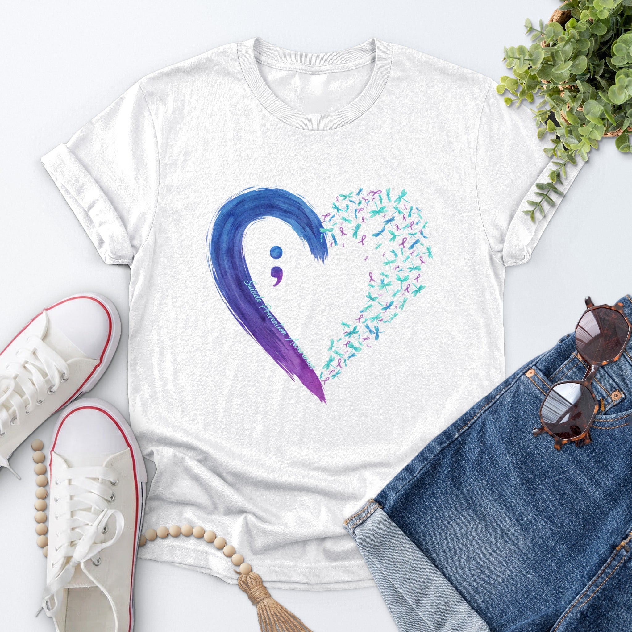 Semicolon Floral Heart Tee — White