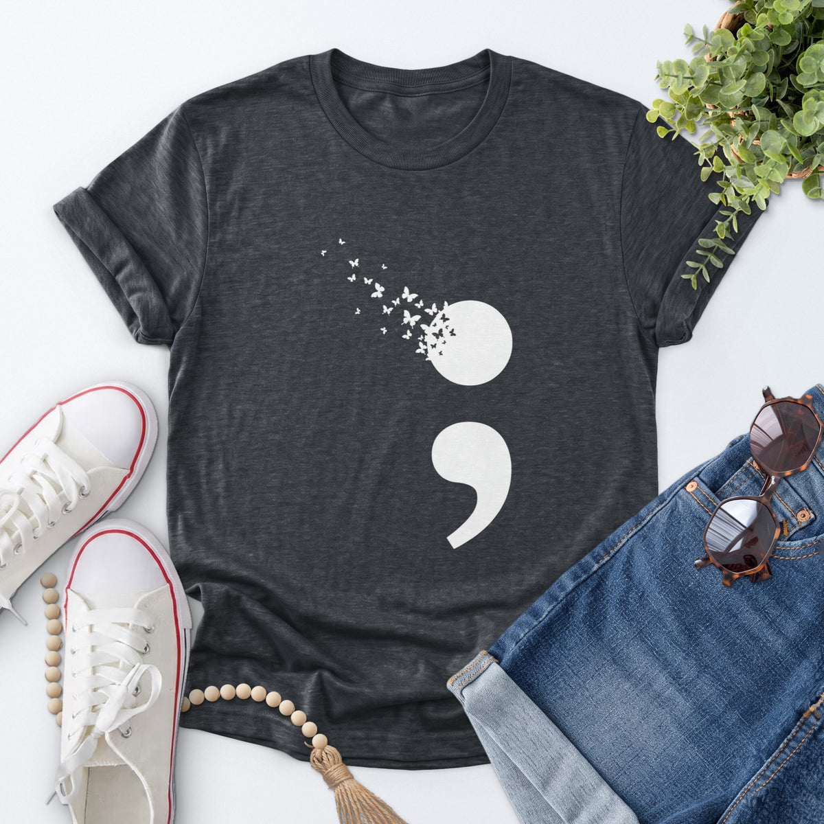 Butterfly Semicolon Tee — Dark Heather