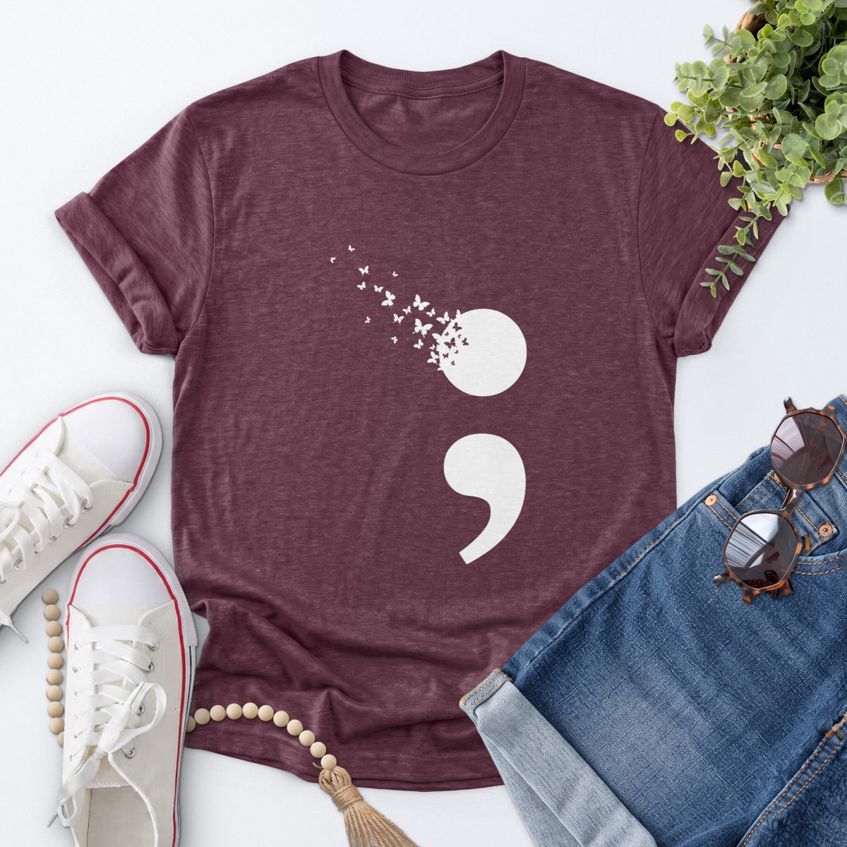 Butterfly Semicolon Tee — Heather Maroon