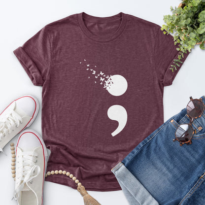 Butterfly Semicolon Tee — Heather Maroon