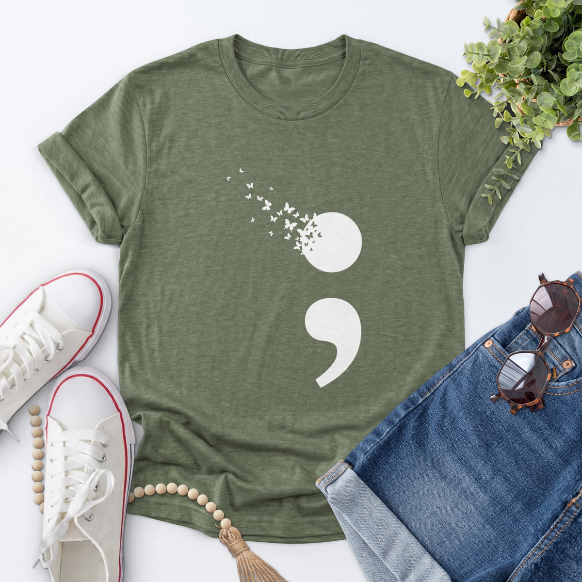 Butterfly Semicolon Tee — Heather Military Green