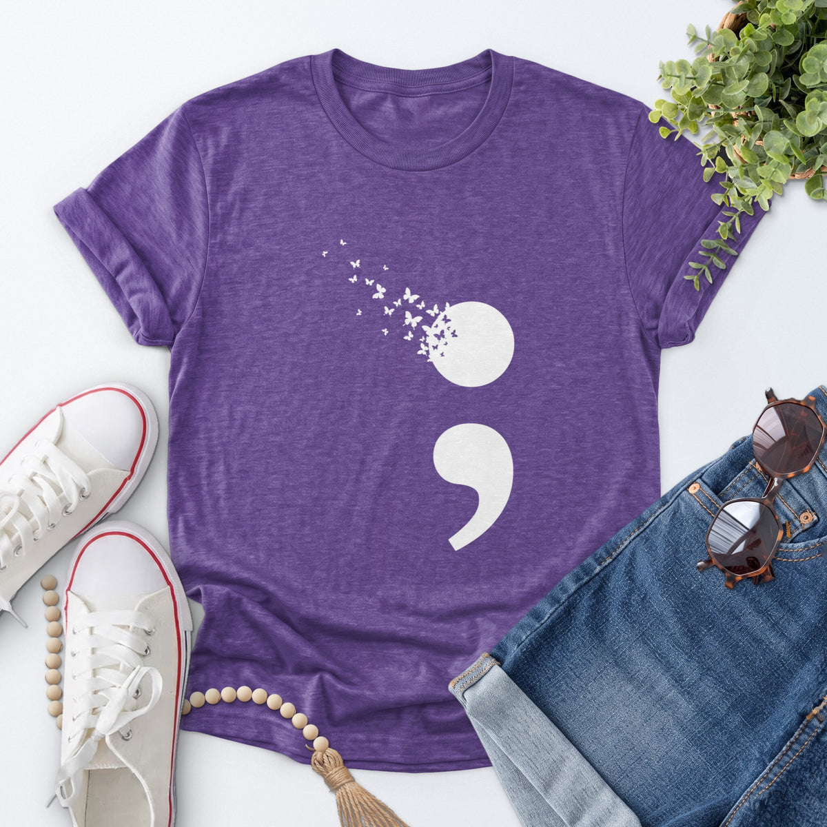 Butterfly Semicolon Tee — Heather Purple