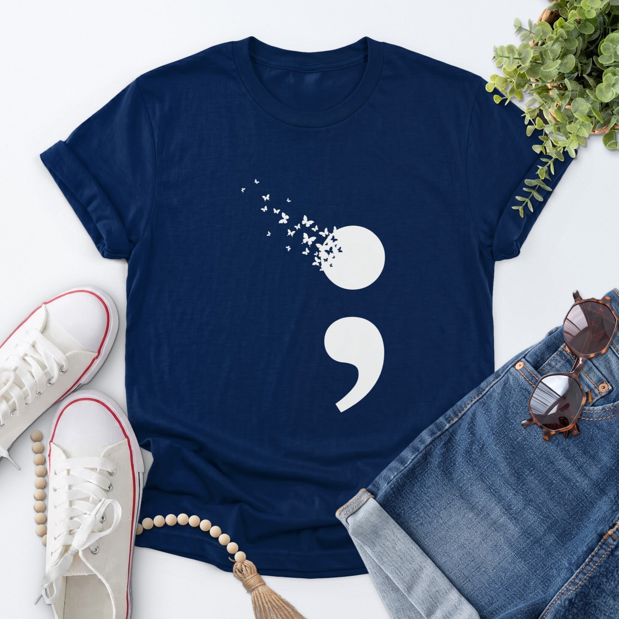 Butterfly Semicolon Tee — Navy