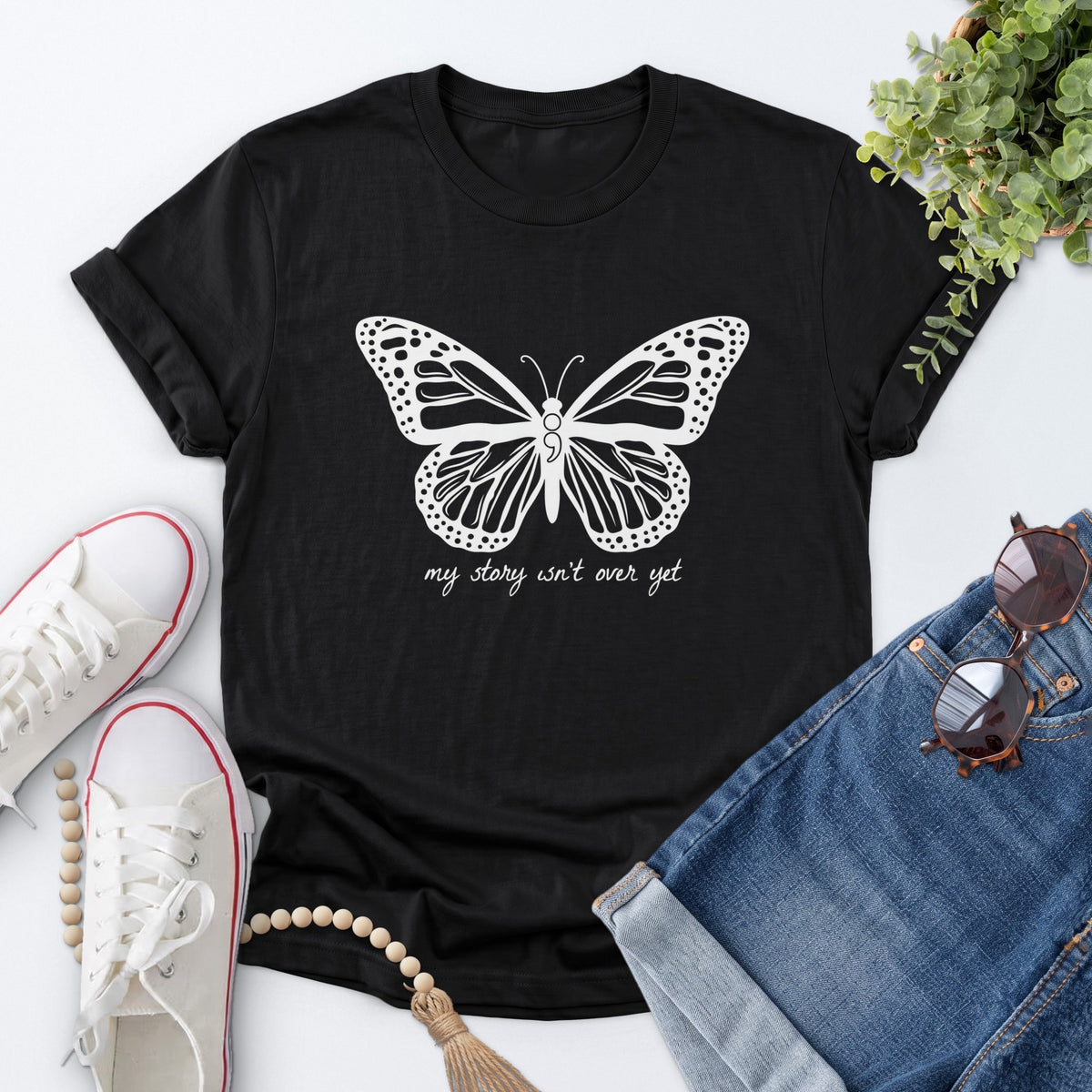 Semicolon Butterfly Tee — Black