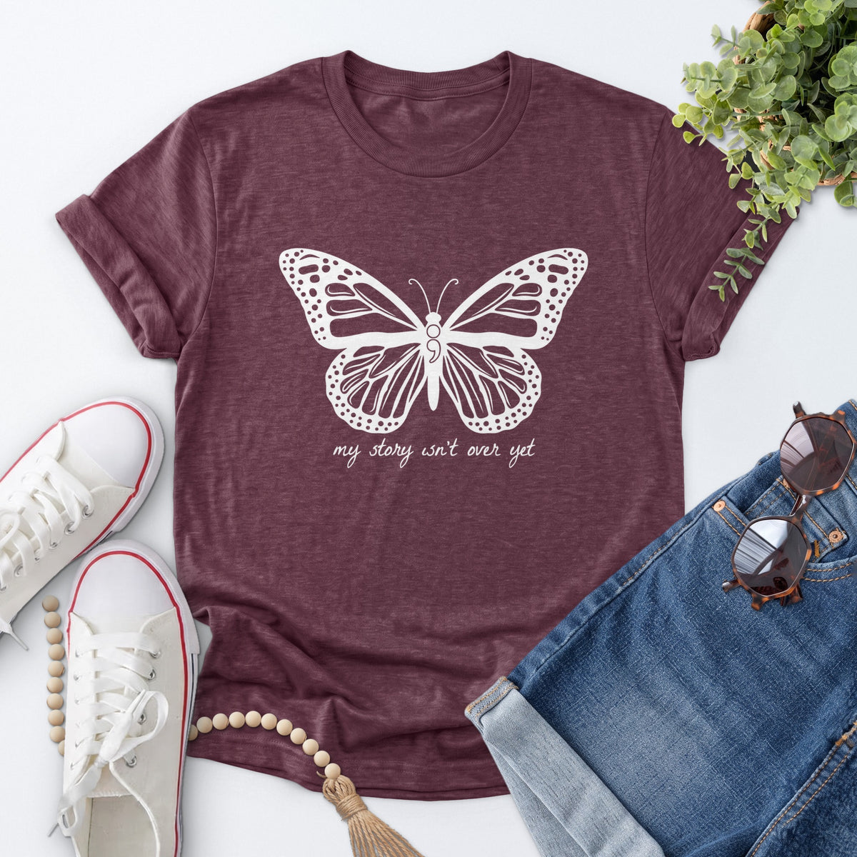 Semicolon Butterfly Tee — Heather Maroon
