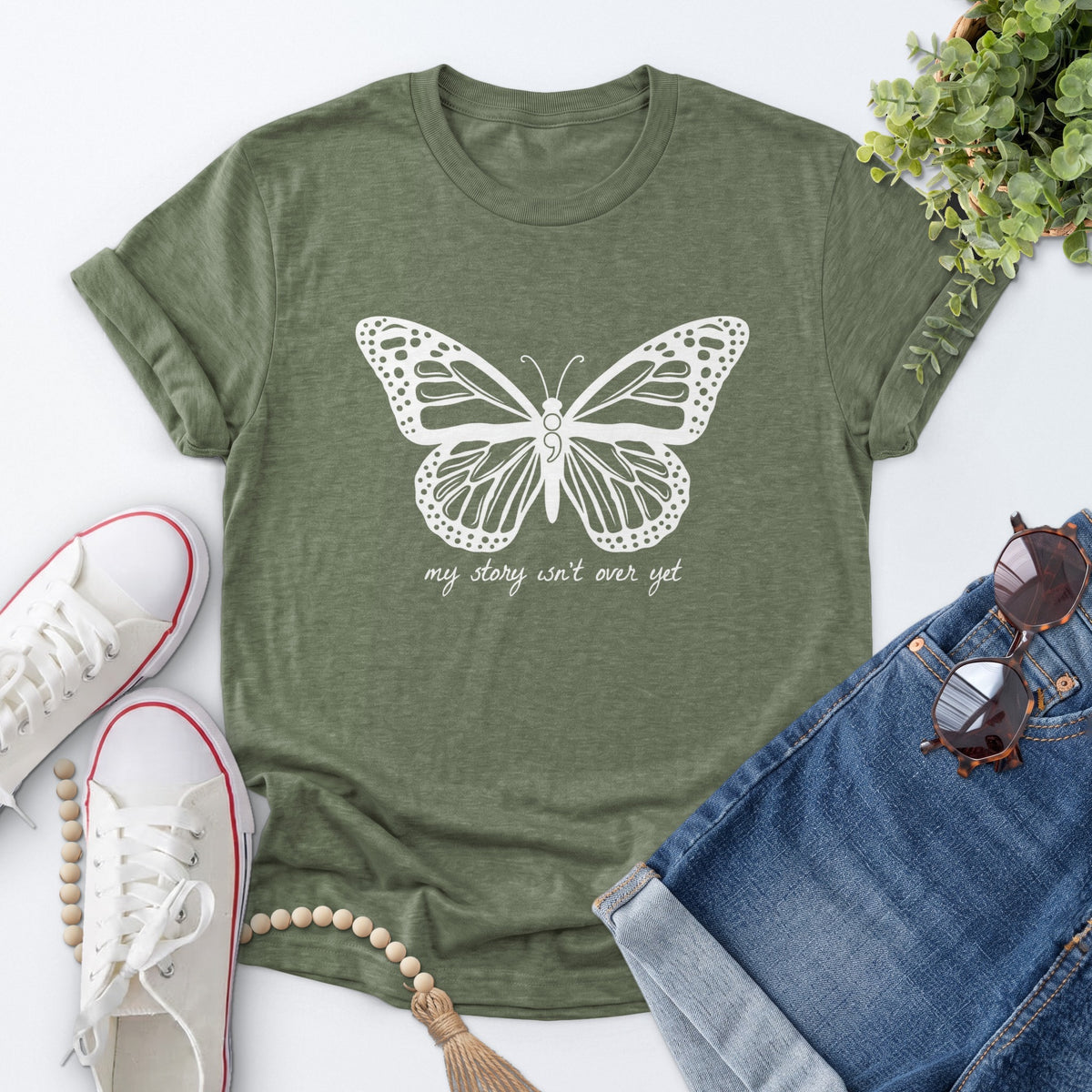 Semicolon Butterfly Tee — Heather Military Green