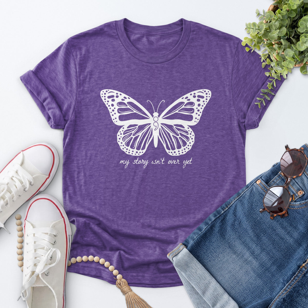 Semicolon Butterfly Tee — Heather Purple