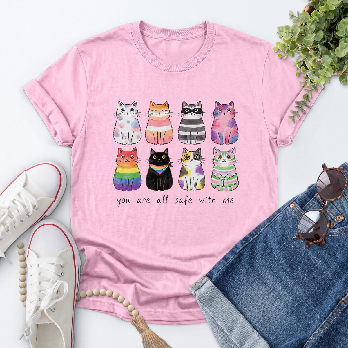 Safe With Me Cats Tee — Light Pink
