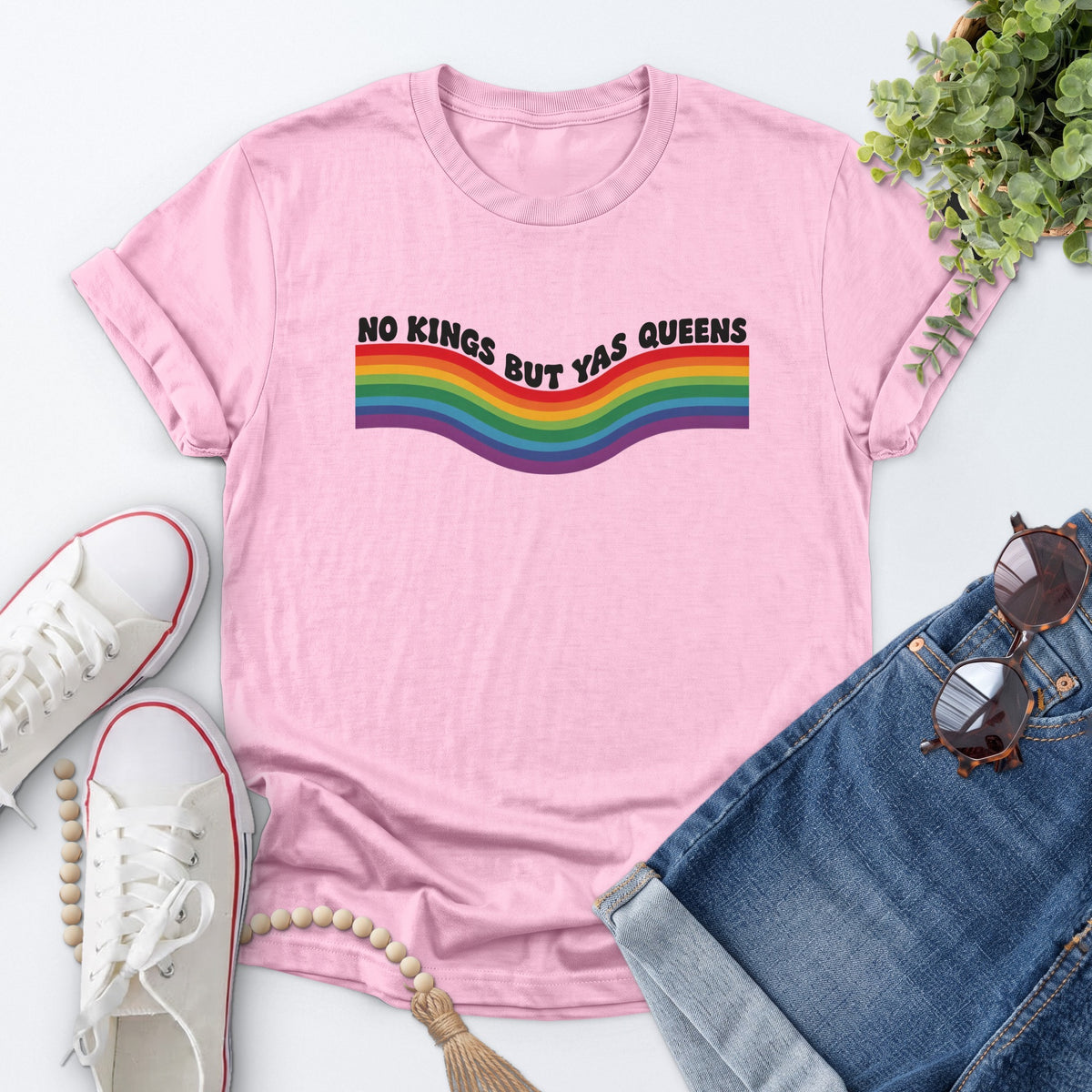 Rainbow Wave Pride Tee — Light Pink