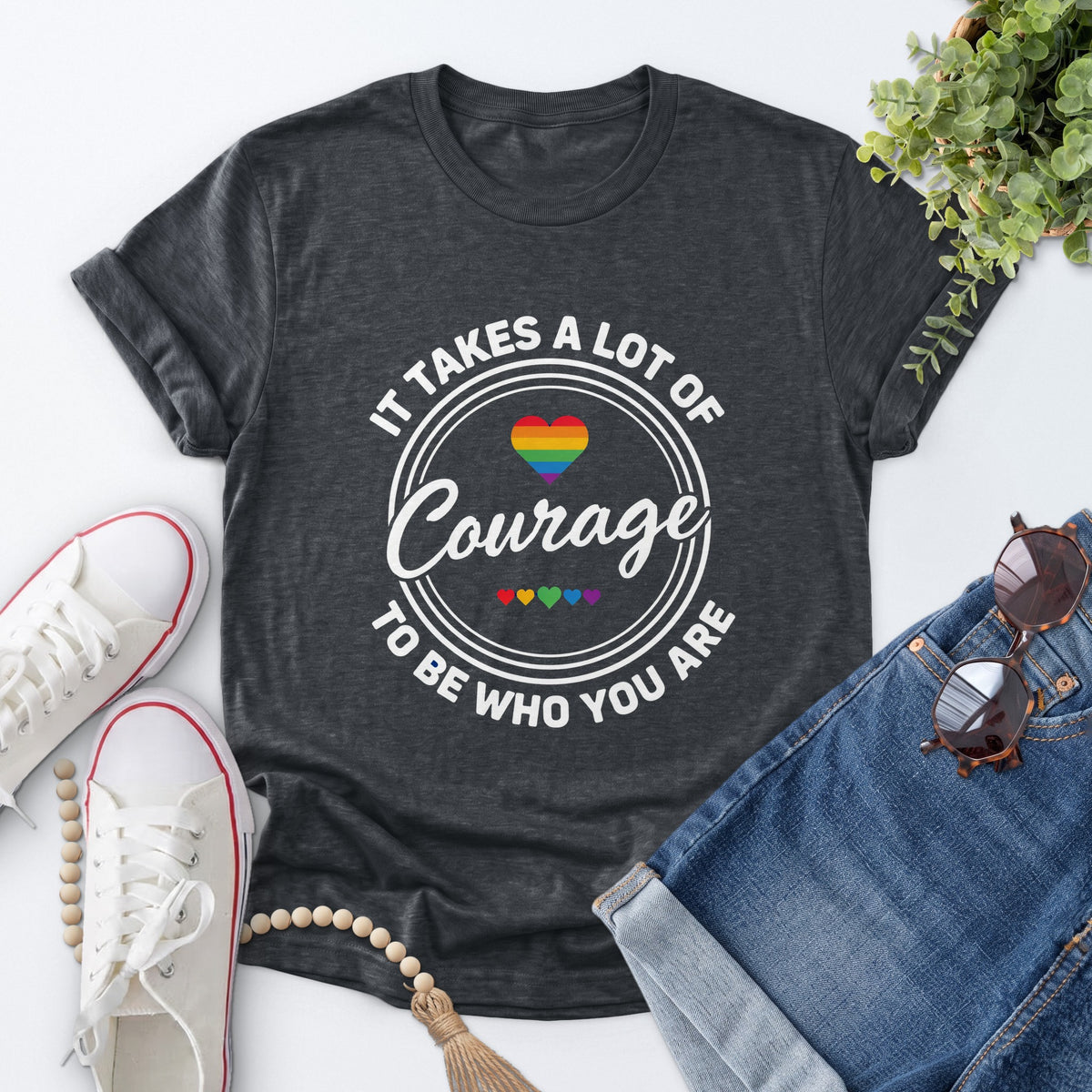 Courage Rainbow Heart Tee — Dark Heather