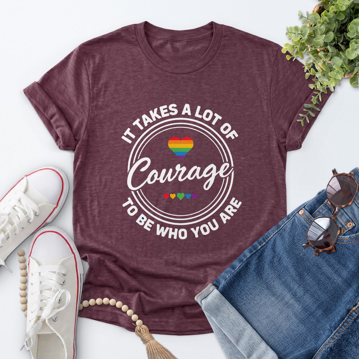 Courage Rainbow Heart Tee — Heather Maroon