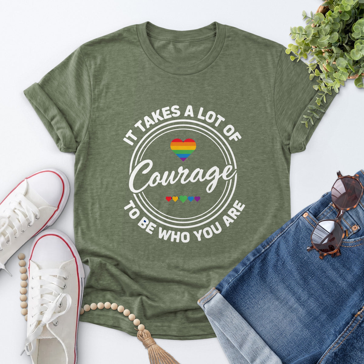 Courage Rainbow Heart Tee — Heather Military Green