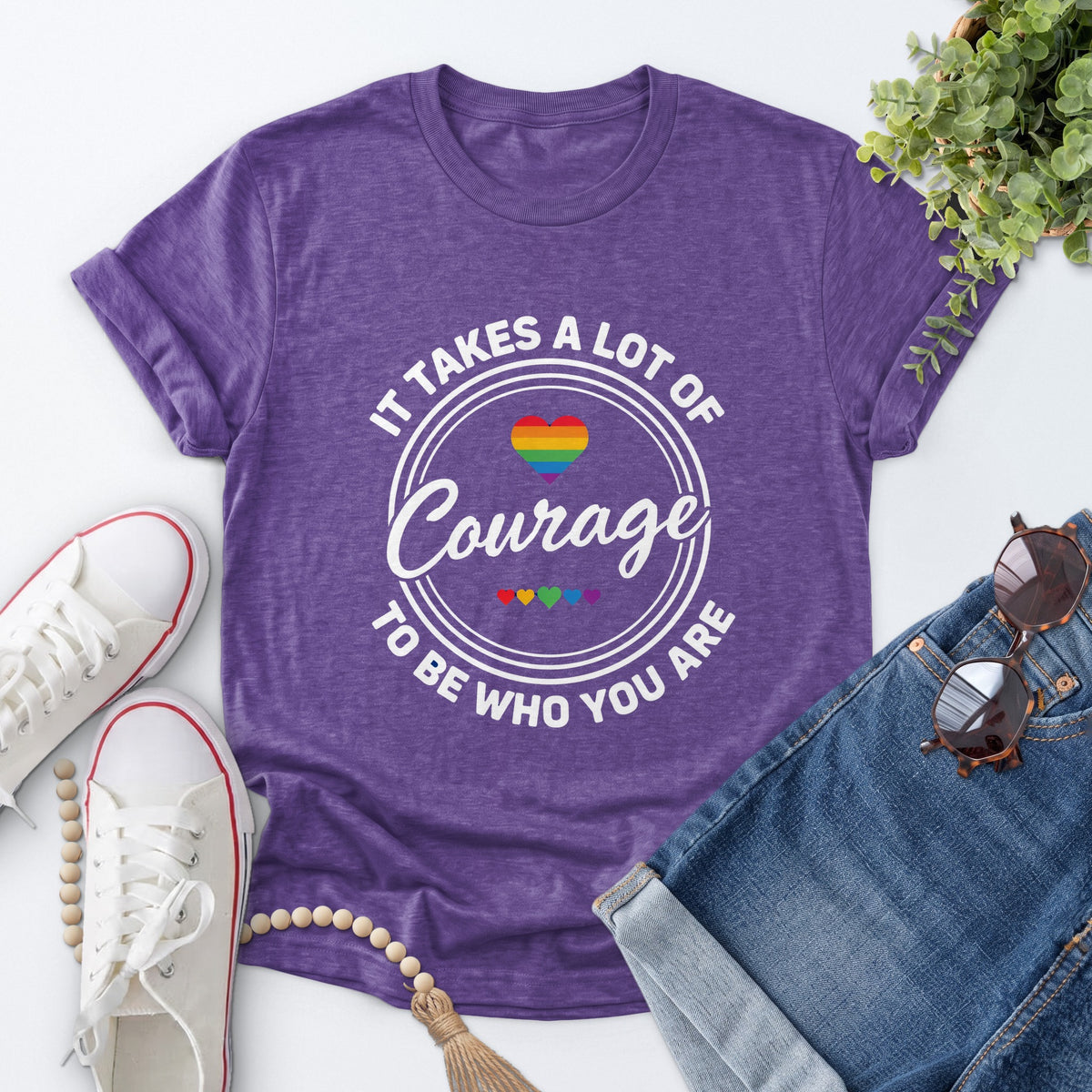 Courage Rainbow Heart Tee — Heather Purple